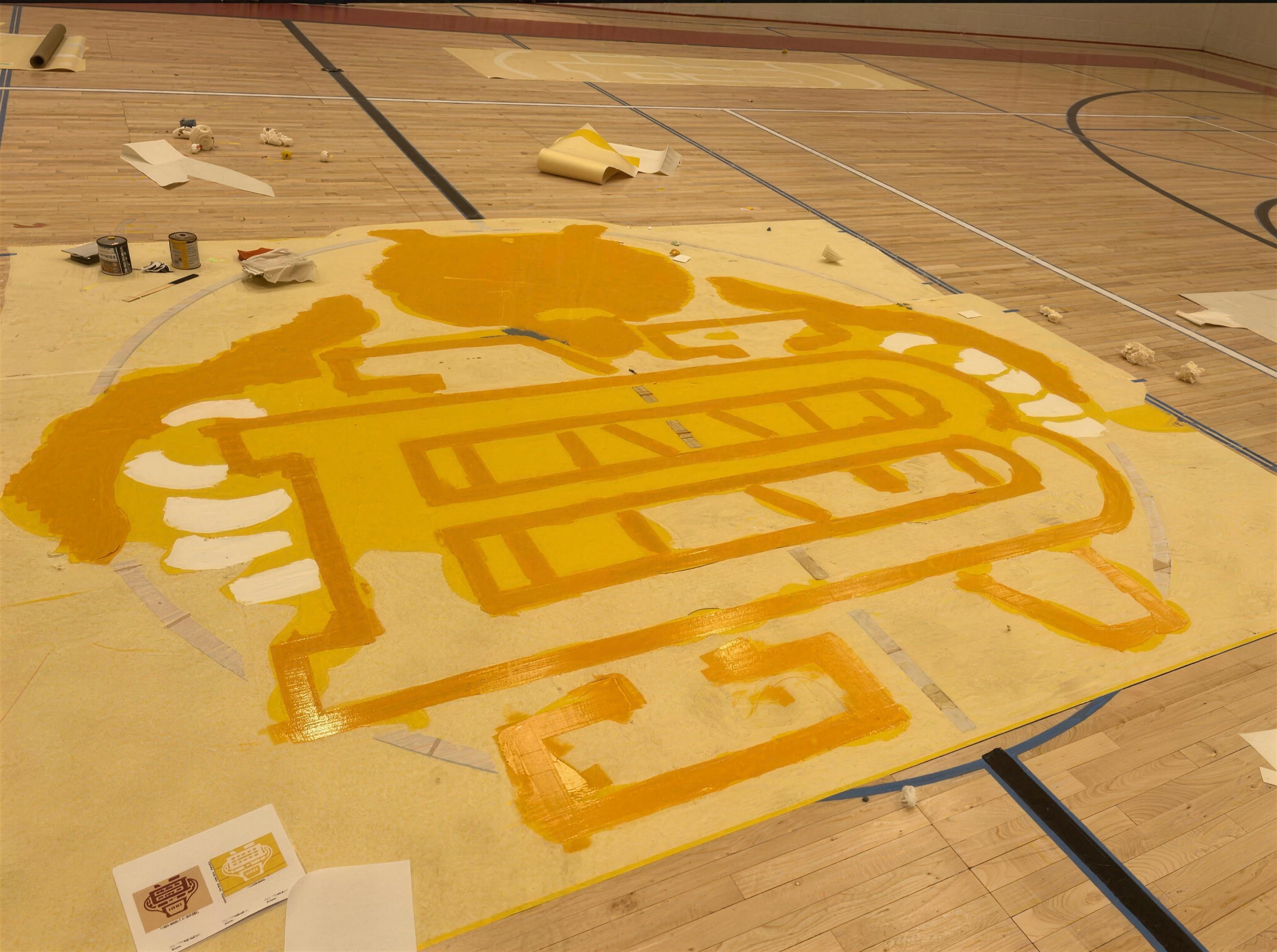 Gym floor logo install and recoat — before